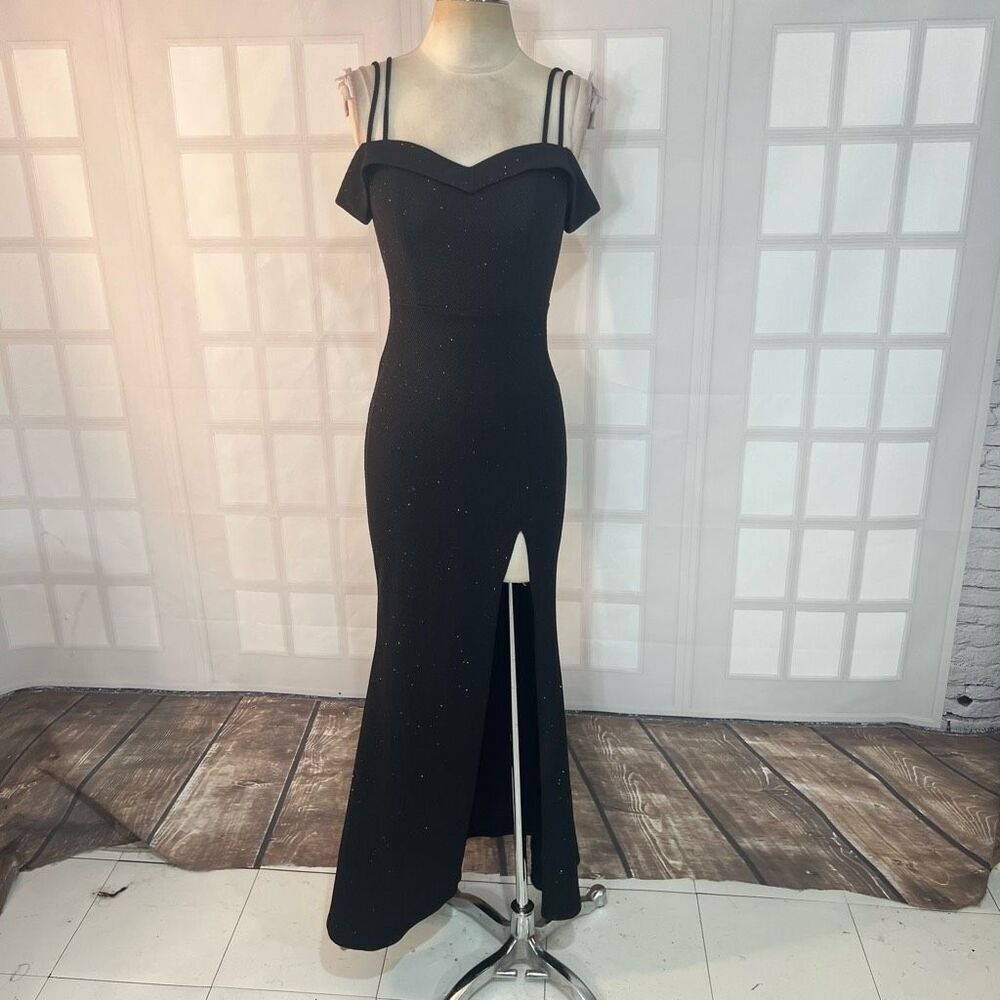 City Triangles Black Sparkle Off The Shoulder Lined Front Split Long Gown Size 1